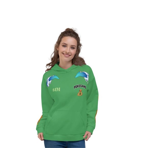 PokeGang Unisex Green Long Sleeve Side Kangaroo Pocket Pullover Fleece Hoodie - Picture 4 of 8